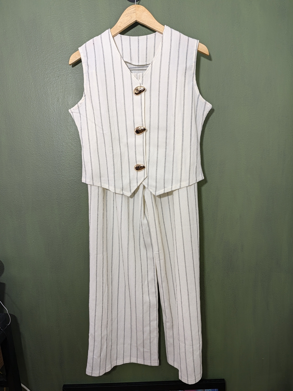 Sleeveless Ivory Pinstripe Vest And pants Set with Gold Button Detail